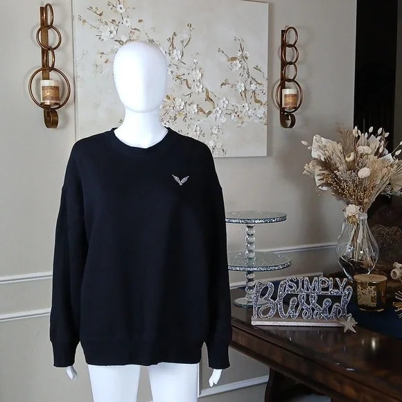 Victoria's Secret Angel Rhinestones Logo Women's Black Fleece Sweatshirt. Size M - Picture 4 of 17